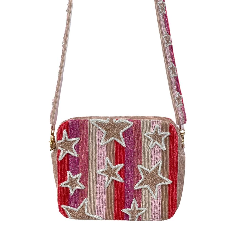 Tiana NY Beaded Stars Crossbody Clutch Box Bag Pink Gold White 3D Handmade